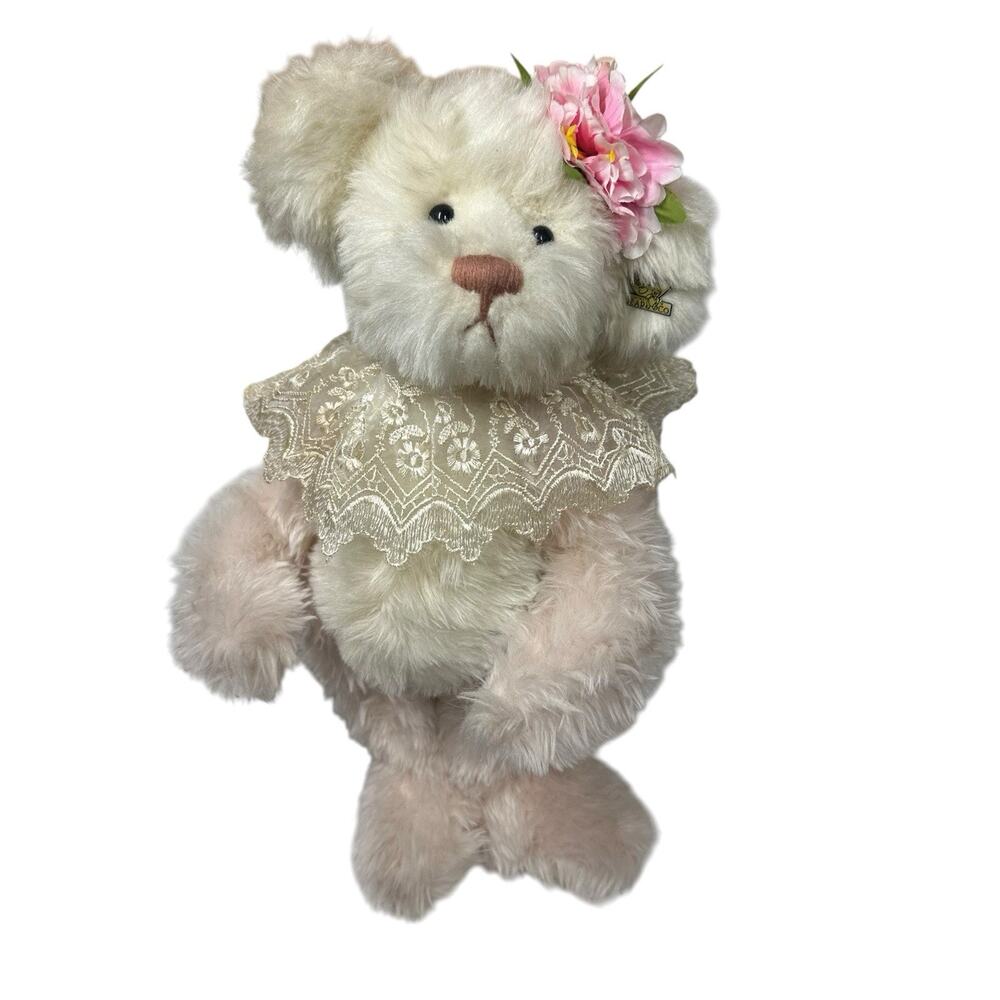Vtg Annette Funicello Pink Jointed Stuffed Plush Teddy Bear Lace Collar Flower